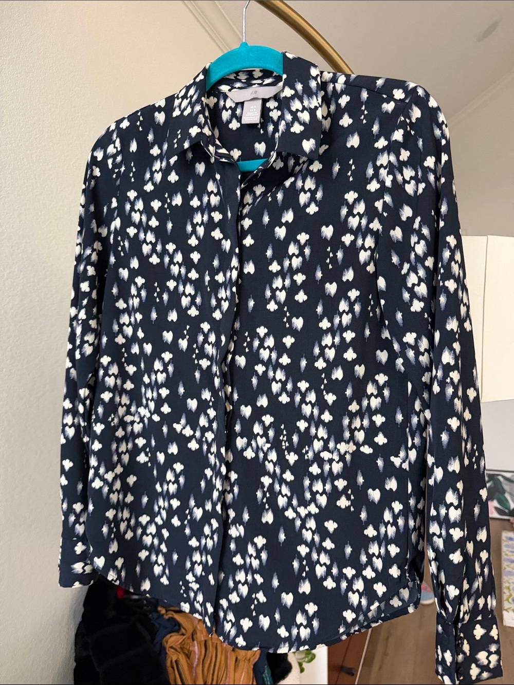 H&M Navy Blue Button-Down Shirt with White Abstract Dot Print